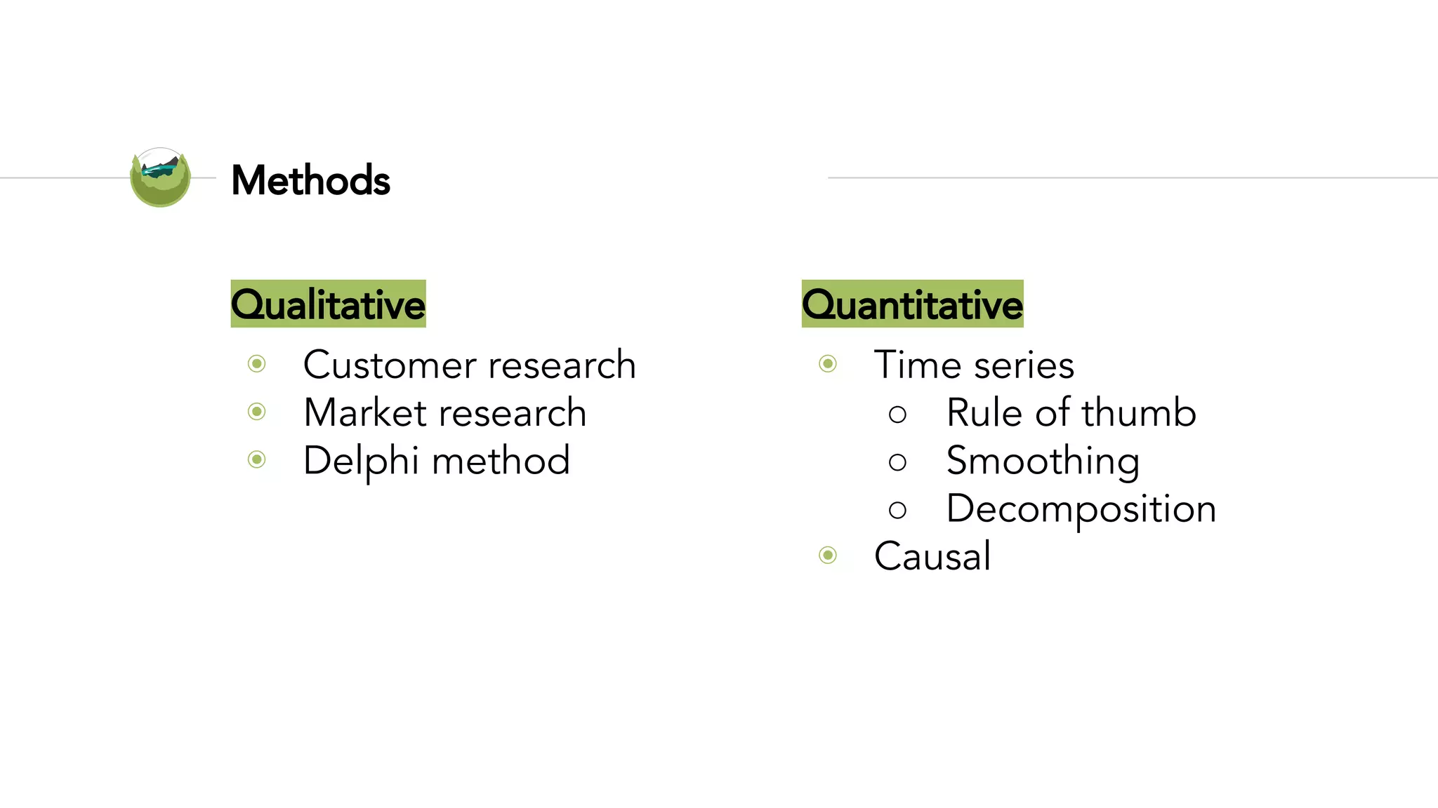 Qualitative
◉ Customer research
◉ Market research
◉ Delphi method
Methods
Quantitative
◉ Time series
○ Rule of thumb
○ Smoothing
○ Decomposition
◉ Causal
○ Regression analysis
 