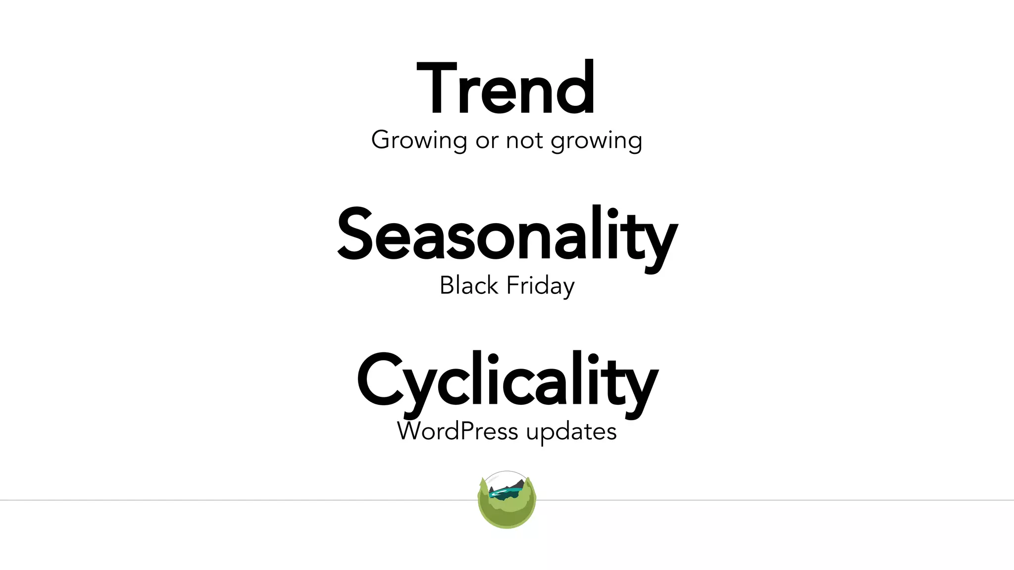 Trend
Growing or not growing
Cyclicality
WordPress updates
Seasonality
Black Friday
 