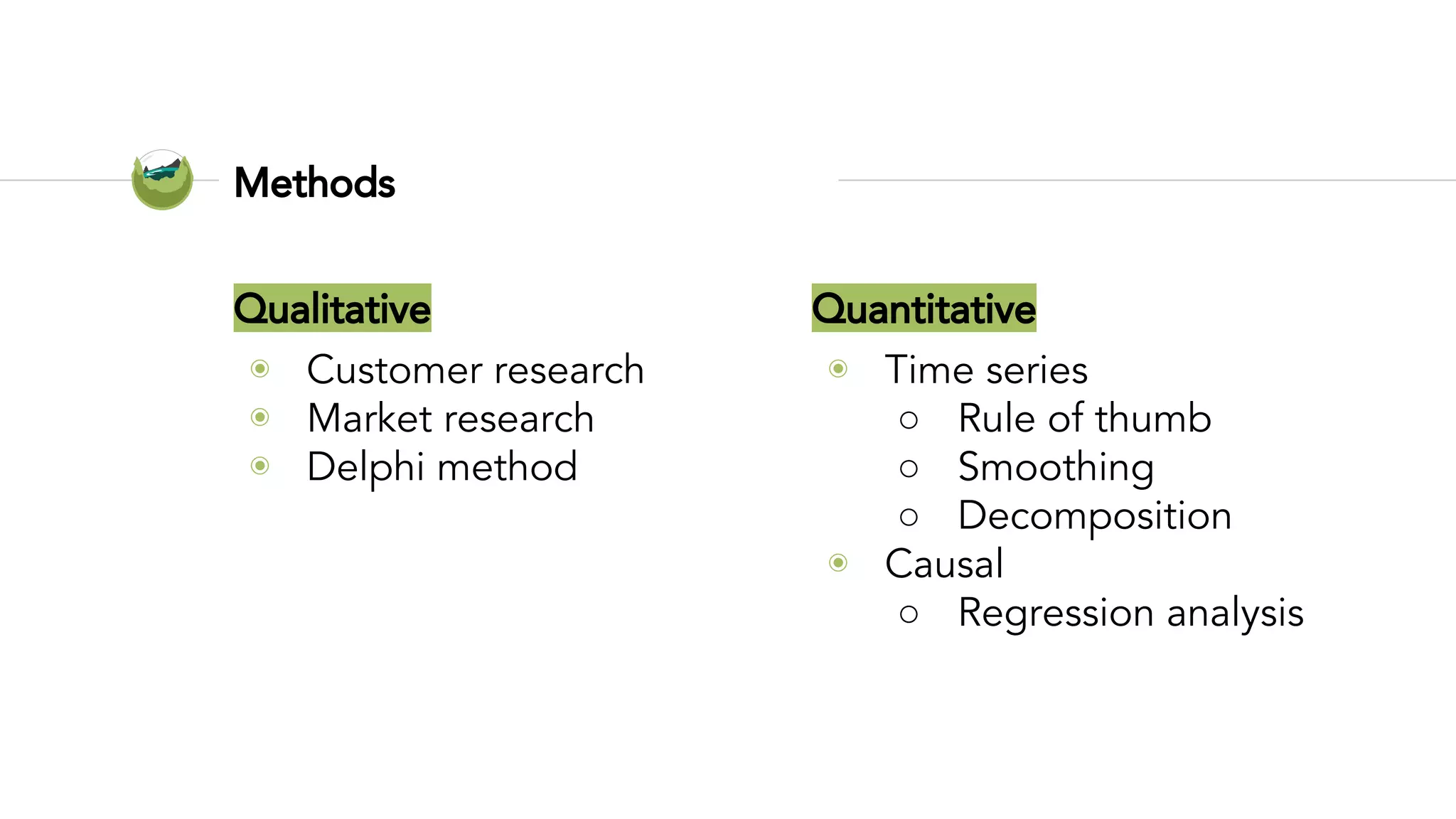 Qualitative
◉ Customer research
◉ Market research
◉ Delphi method
Methods
Quantitative
◉ Time series
○ Rule of thumb
○ Smoothing
○ Decomposition
◉ Causal
○ Regression analysis
 