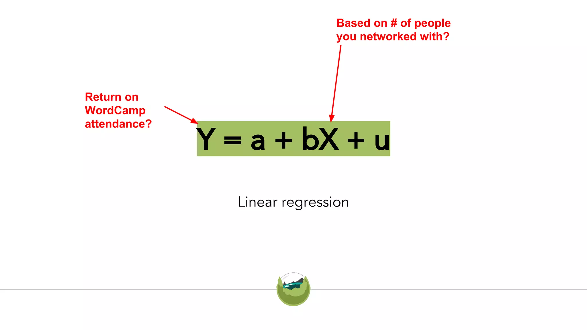 Y = a + bX + u
Linear regression
Return on
WordCamp
attendance?
Based on # of people
you networked with?
 