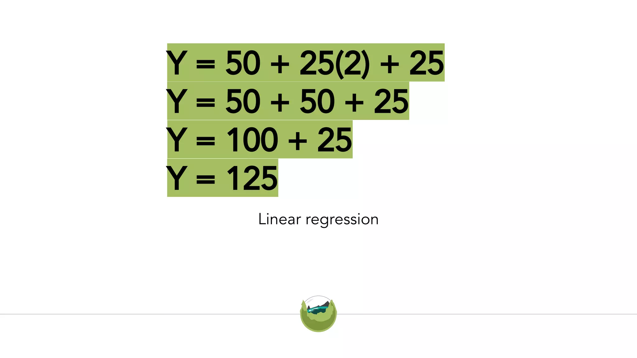 Y = 50 + 25(2) + 25
Y = 50 + 50 + 25
Y = 100 + 25
Y = 125
Linear regression
 