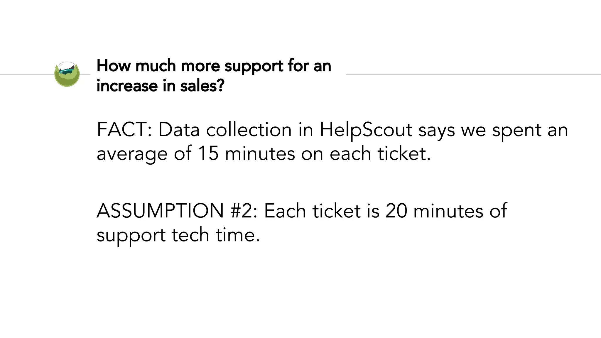 How much more support for an
increase in sales?
FACT: Data collection in HelpScout says we spent an
average of 15 minutes on each ticket.
ASSUMPTION #2: Each ticket is 20 minutes of
support tech time.
 
