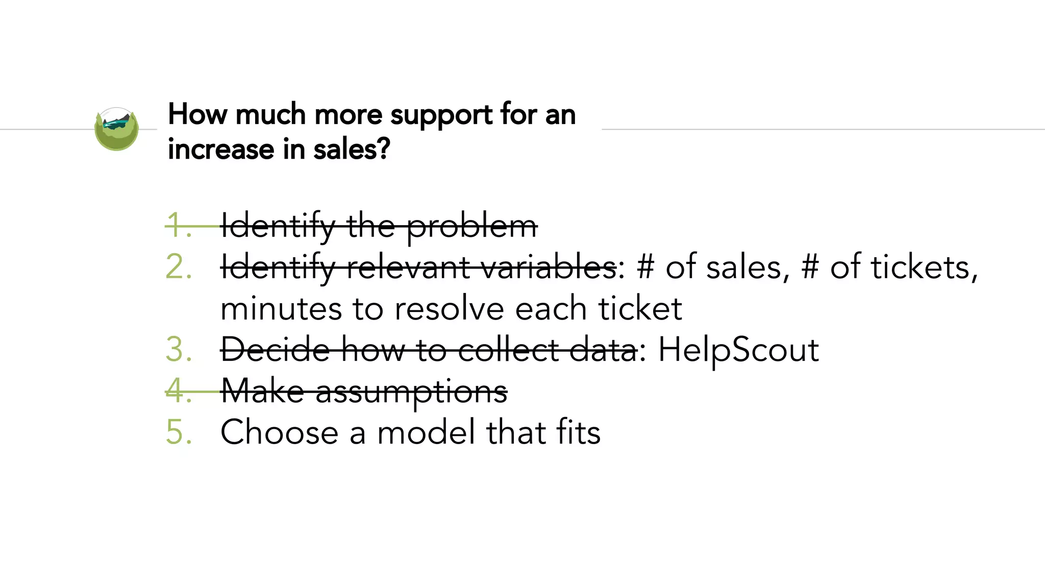 How much more support for an
increase in sales?
1. Identify the problem
2. Identify relevant variables: # of sales, # of tickets,
minutes to resolve each ticket
3. Decide how to collect data: HelpScout
4. Make assumptions
5. Choose a model that fits
 
