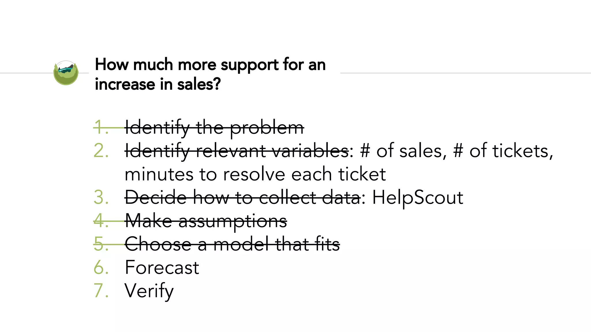 How much more support for an
increase in sales?
1. Identify the problem
2. Identify relevant variables: # of sales, # of tickets,
minutes to resolve each ticket
3. Decide how to collect data: HelpScout
4. Make assumptions
5. Choose a model that fits
6. Forecast
7. Verify
 
