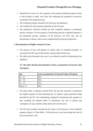 Financial Freedom Through Reverse Mortgage

      Should be the owner of a self- acquired, self occupied residential property (house
       or flat) located in India, with clear title indicating the prospective borrower's
       ownership of the propertssssssssy.
      The residential property should be free from any encumbrances.
      The residual life of the property should be at least 20 years.
      The prospective borrowers should use that residential property as permanent
       primary residence. For the purpose of determining that the residential property is
       the permanent primary residence of the borrower, the PLIs may rely on
       documentary evidence, other sources supplemented by physical inspections.

3. Determination of Eligible Amount of Loan:

      The amount of loan will depend on market value of residential property, as
       assessed by the PLI, age of borrower(s), and prevalent interest rate.
      The table given hereunder may serve as an indicative guide for determining loan
       eligibility :

       T1: The table showing determination of loan as proportion of assessed value
       of property


       Age                      Loan as proportion of Assessed Value of Property
       60 – 65                  40%
       66 – 70                  50%
       71 – 75                  55%
       Above 75                 60%

    The above table is indicative and the PLIs will have the discretion to determine
       the eligible quantum of loan reckoning the ‘no negative equity guarantee' being
       provided by the PLI. The methodology adopted for determining the quantum of
       loan including the detailed tables of calculations, the rate of interest and
       assumptions (if any), shall be clearly disclosed to the borrower.

      The PLI may consider ensuring that the equity of the borrower in the residential
       property (Equity to Value Ratio - EVR) does not at any time during the tenor of
       the loan fall below 10%.



Haranahalli Ramaswamy Institute of Higher Education, Hassan                           13
 