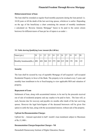 Financial Freedom Through Reverse Mortgage

Disbursement/tenor of loan
The loan shall be extended as regular fixed monthly payments during the loan period. I.e.
10-20 years or till the death of the last surviving spouse, whichever is earlier. Depending
on the age of the beneficiary a chart containing the amount of monthly instalments
( calculated on ‘Reverse Annuity Mortgage” basis) to be paid to the senior citizen
borrower for different tenors of loan per lac of rupees is as under :-




T3: Table showing Qualifying Loan Amount (Rs.1.00 lac)

Tenor (yrs.)              10     11    12   13    14    15   16    17    18    19    20

Monthly Instalment(Rs.) 490      420 360 315 275 240 215 190 170               150   135



Security

The loan shall be secured by way of equitable Mortgage of self acquired / self occupied
Residential Property in favor of the Bank. The property to be revalued every 5 years and
monthly loan installment to be re fixed keeping in view applicable ROI and valuation of
property.

Repayment of Loan
Settlement of loan, along with accumulated interest, to be met by the proceeds received
out of sale of residential property and any surplus to be paid to heirs. The loan will, as
such, become due for recovery and payable six months after death of the last surviving
spouse. However the legal heirs/legatee of the deceased borrowers will be given first
option to settle the loan, along with the accumulated interest, without sale of the property.

Upfront fee/Documentation Charges
Upfront fee – Amount equivalent to half+ month’s loan instalment subject to Maximum
of Rs.15, 000/-.

Documentation Charges/Inspection Charges - Nil

Haranahalli Ramaswamy Institute of Higher Education, Hassan                                39
 