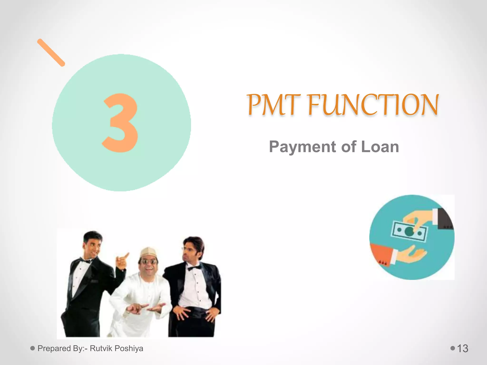 PMT FUNCTION
Payment of Loan
13Prepared By:- Rutvik Poshiya
 