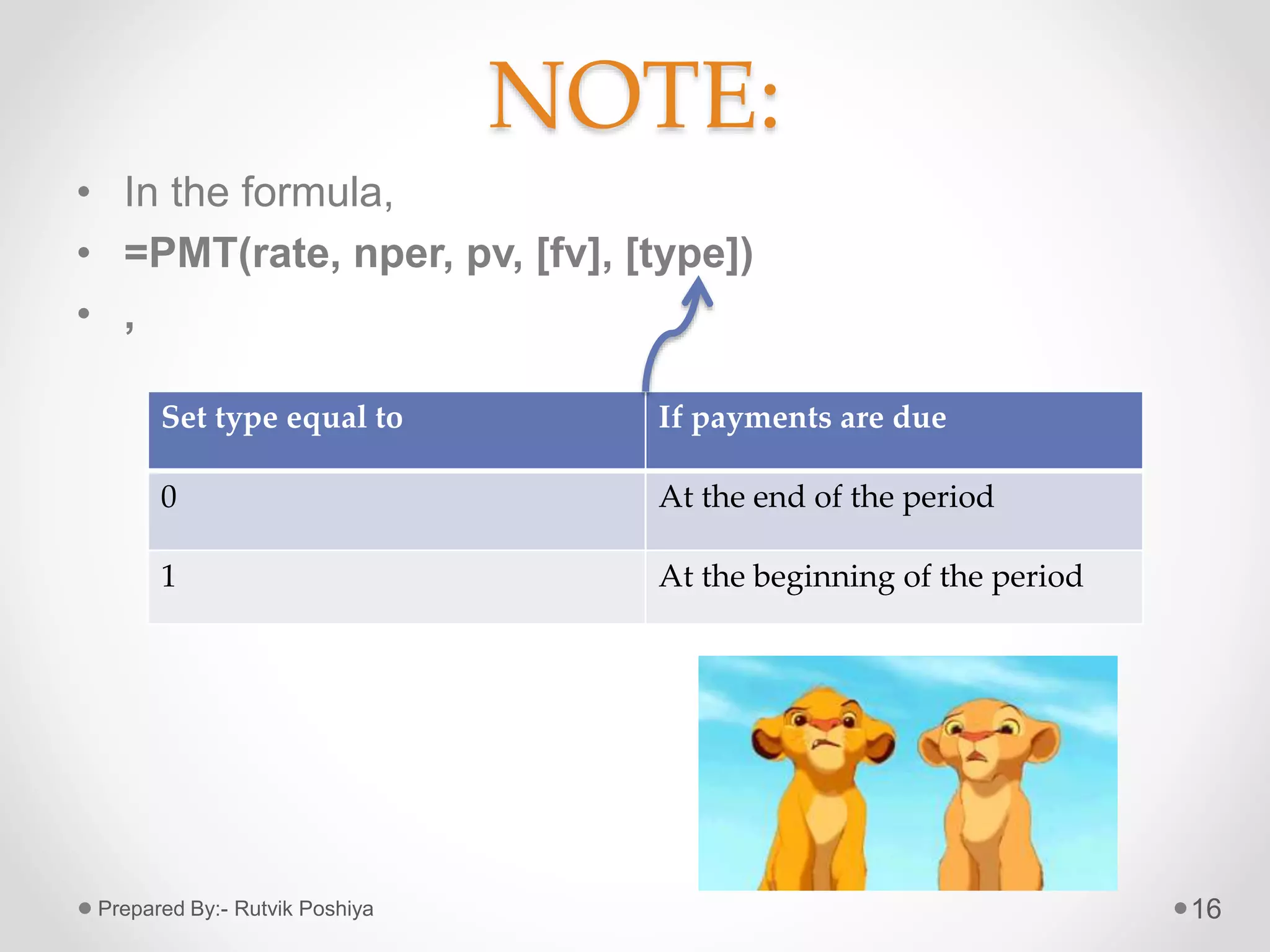 NOTE:
• In the formula,
• =PMT(rate, nper, pv, [fv], [type])
• ,
16
Set type equal to If payments are due
0 At the end of the period
1 At the beginning of the period
Prepared By:- Rutvik Poshiya
 