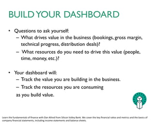 Events that drive value in the company:	

!
• Commercial milestones: distribution agreements, customers,
bookings, revenue, etc.	

!
• Market milestones: users, working business model, etc.	

!
• Technical milestones: proof of concept, working prototype, etc.
MILESTONES
 