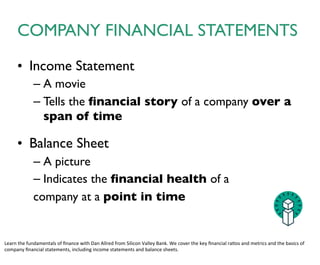 • One Page: Communicate progress to key stakeholders
(investors, employees, etc.)	

!
• Time-based representation of how company is tracking against
key financial goals (perhaps other time-bound goals as well)	

!
• Not a financial statement
DASHBOARDS
 