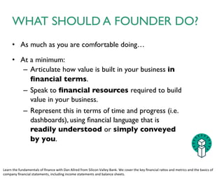 Over a period of time:	

• Revenue (“top line”)	

• Minus COGS	

• Equals Gross Profit	

• Minus Expenses	

• Equals EBITDA (“bottom line”)
INCOME STATEMENT
 