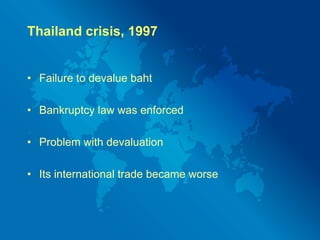 Argentina crisis,Unable to pay the debt of loan in 1983 due to tumbling economyRise in inflationUnemploymentForeign companies moves outProblem in debt restructuring
