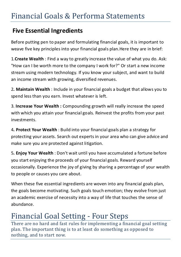 financial goals and performa statement business performa