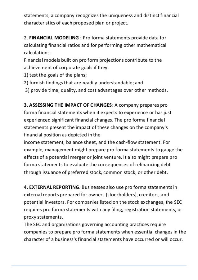 financial goals and performa statement business performa