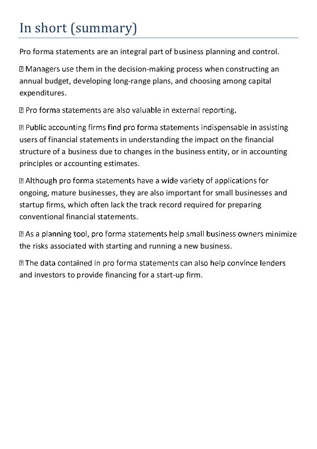 financial goals and performa statement business performa