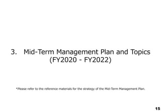 15
3． Mid-Term Management Plan and Topics
(FY2020 - FY2022)
*Please refer to the reference materials for the strategy of the Mid-Term Management Plan.
 