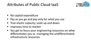 Attributes of Public Cloud IaaS
 No capital expenditure
 Pay as you go and pay only for what you use
 True elastic capacity; scale up and down
 Improves time to market
 You get to focus your engineering resources on what
differentiates you vs. managing the undifferentiated
infrastructure resources
 