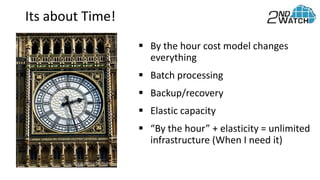  By the hour cost model changes
everything
 Batch processing
 Backup/recovery
 Elastic capacity
 “By the hour” + elasticity = unlimited
infrastructure (When I need it)
Its about Time!
 