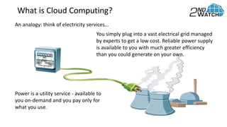What is Cloud Computing?
An analogy: think of electricity services…
Power is a utility service - available to
you on-demand and you pay only for
what you use.
You simply plug into a vast electrical grid managed
by experts to get a low cost. Reliable power supply
is available to you with much greater efficiency
than you could generate on your own.
 