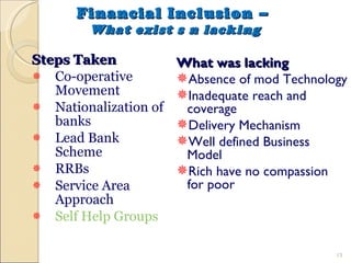 Financial Inclusion –  What exist s n lacking Steps Taken Co-operative Movement Nationalization of banks Lead Bank Scheme RRBs Service Area Approach Self Help Groups What was lacking Absence of mod Technology Inadequate reach and coverage Delivery Mechanism Well defined Business Model Rich have no compassion for poor 