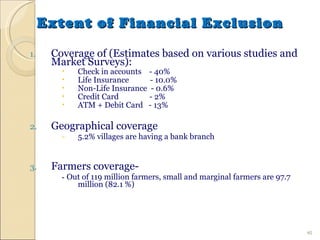 Extent of Financial Exclusion Coverage of (Estimates based on various studies and Market Surveys): Check in accounts  - 40% Life Insurance  - 10.0% Non-Life Insurance  - 0.6% Credit Card  - 2%  ATM + Debit Card  - 13%  Geographical coverage 5.2% villages are having a bank branch Farmers coverage- -  Out of 119 million farmers, small and marginal farmers are 97.7 million (82.1 %) 