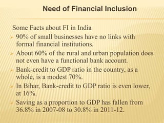 Toward Financial Inclusion RBI’S Approach
Twin Aspects of financial inclusion
• To Increase Demand = Financial Literacy–i....
