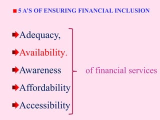5 A’S OF ENSURING FINANCIAL INCLUSION
Adequacy,
Availability.
Awareness of financial services
Affordability
Accessibility
 