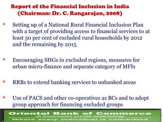 Report of the Financial Inclusion in India
(Chairman: Dr. C. Rangarajan, 2008)
 Setting up of a National Rural Financial Inclusion Plan
with a target of providing access to financial services to at
least 50 per cent of excluded rural households by 2012
and the remaining by 2015
 Encouraging SHGs in excluded regions, measures for
urban micro-finance and separate category of MFIs
 RRBs to extend banking services to unbanked areas
 Use of PACS and other co-operatives as BCs and to adopt
group approach for financing excluded groups
 