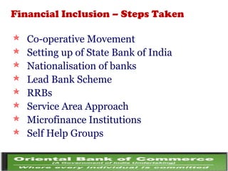 Financial Inclusion – Steps Taken
 Co-operative Movement
 Setting up of State Bank of India
 Nationalisation of banks
 Lead Bank Scheme
 RRBs
 Service Area Approach
 Microfinance Institutions
 Self Help Groups
 