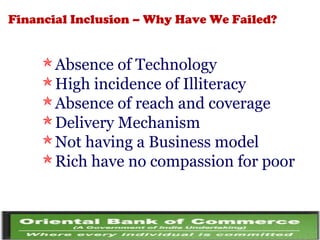 Financial Inclusion – Why Have We Failed?
Absence of Technology
High incidence of Illiteracy
Absence of reach and coverage
Delivery Mechanism
Not having a Business model
Rich have no compassion for poor
 