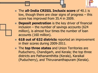  The all-India CRISIL Inclusix score of 40.1 is
low, though there are clear signs of progress – this
score has improved from 35.4 in 2009.
 Deposit penetration is the key driver of financial
inclusion – the number of savings accounts (624
million), is almost four times the number of loan
accounts (160 million).
 618 out of 632 districts reported an improvement
in their scores during 2009-2011.
 The top three states and Union Territories are
Puducherry, Chandigarh, and Kerala; the top three
districts are Pathanamthitta (Kerala), Karaikal
(Puducherry), and Thiruvananthapuram (Kerala).
 