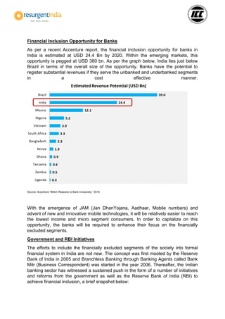 Financial Inclusion Opportunity for Banks
As per a recent Accenture report, the financial inclusion opportunity for banks in
India is estimated at USD 24.4 Bn by 2020. Within the emerging markets, this
opportunity is pegged at USD 380 bn. As per the graph below, India lies just below
Brazil in terms of the overall size of the opportunity. Banks have the potential to
register substantial revenues if they serve the unbanked and underbanked segments
in a cost effective manner.
Source: Accenture “Billion Reasons to Bank Inclusively,” 2015
With the emergence of JAM (Jan DhanYojana, Aadhaar, Mobile numbers) and
advent of new and innovative mobile technologies, it will be relatively easier to reach
the lowest income and micro segment consumers. In order to capitalize on this
opportunity, the banks will be required to enhance their focus on the financially
excluded segments.
Government and RBI Initiatives
The efforts to include the financially excluded segments of the society into formal
financial system in India are not new. The concept was first mooted by the Reserve
Bank of India in 2005 and Branchless Banking through Banking Agents called Bank
Mitr (Business Correspondent) was started in the year 2006. Thereafter, the Indian
banking sector has witnessed a sustained push in the form of a number of initiatives
and reforms from the government as well as the Reserve Bank of India (RBI) to
achieve financial inclusion, a brief snapshot below:
 