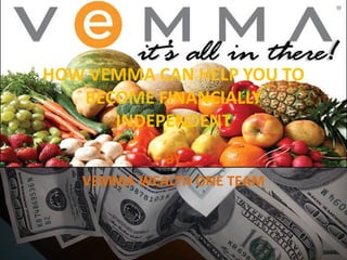 HOW VEMMA CAN HELP YOU TOHOW VEMMA CAN HELP YOU TO
BECOME FINANCIALLYBECOME FINANCIALLY
INDEPENDENTINDEPENDENT
BYBY
VEMMA WEALTH ONE TEAMVEMMA WEALTH ONE TEAM
 
