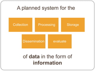 A planned system for the


Collection     Processing         Storage



      Dissemination    evaluate



      of data in the form of
          information
 