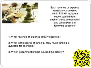 Each revenue or expense
                                       transaction processed
                                      within FIS will include a
                                         code supplied from
                                     each of these components
                                         and will answer the
                                         following questions



1. What revenue or expense activity occurred?

2. What is the source of funding? How much funding is
available for spending?

3. Which department/project incurred the activity?
 