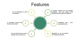 Features
It includes banking and non banking
institutions. And also includes both
organized and unorganized institutions.
Established with a clear
operating function.
Regulated by the government
and regulating authority.
It is an Institution as well as
Intermediary.
It channelizes savings fund
into investment fund.
It creates financial assets such as
deposits, loans, securities etc.
1 4
3
5
2
6
 