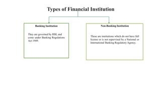 Types of Financial Institution
Banking Institution
They are governed by RBI, and
come under Banking Regulations
Act 1949.
Non-Banking Institution
These are institutions which do not have full
license or is not supervised by a National or
International Banking Regulatory Agency.
 
