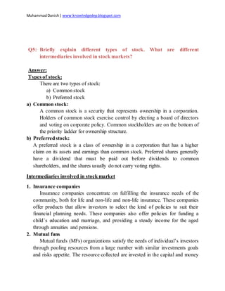 MuhammadDanish| www.knowledgedep.blogspot.com
Q5: Briefly explain different types of stock. What are different
intermediaries involved in stock markets?
Answer:
Types of stock:
There are two types of stock:
a) Common stock
b) Preferred stock
a) Common stock:
A common stock is a security that represents ownership in a corporation.
Holders of common stock exercise control by electing a board of directors
and voting on corporate policy. Common stockholders are on the bottom of
the priority ladder for ownership structure.
b) Preferredstock:
A preferred stock is a class of ownership in a corporation that has a higher
claim on its assets and earnings than common stock. Preferred shares generally
have a dividend that must be paid out before dividends to common
shareholders, and the shares usually do not carry voting rights.
Intermediaries involved in stock market
1. Insurance companies
Insurance companies concentrate on fulfilling the insurance needs of the
community, both for life and non-life and non-life insurance. These companies
offer products that allow investors to select the kind of policies to suit their
financial planning needs. These companies also offer policies for funding a
child’s education and marriage, and providing a steady income for the aged
through annuities and pensions.
2. Mutual funs
Mutual funds (MFs) organizations satisfy the needs of individual’s investors
through pooling resources from a large number with similar investments goals
and risks appetite. The resource collected are invested in the capital and money
 