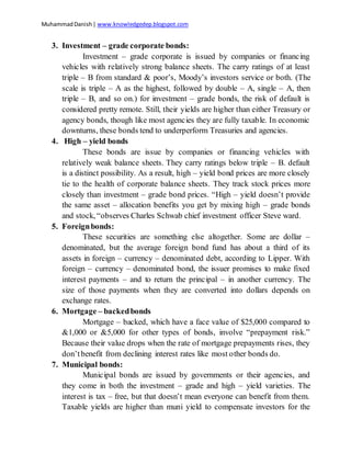 MuhammadDanish| www.knowledgedep.blogspot.com
3. Investment – grade corporate bonds:
Investment – grade corporate is issued by companies or financing
vehicles with relatively strong balance sheets. The carry ratings of at least
triple – B from standard & poor’s, Moody’s investors service or both. (The
scale is triple – A as the highest, followed by double – A, single – A, then
triple – B, and so on.) for investment – grade bonds, the risk of default is
considered pretty remote. Still, their yields are higher than either Treasury or
agency bonds, though like most agencies they are fully taxable. In economic
downturns, these bonds tend to underperform Treasuries and agencies.
4. High – yield bonds
These bonds are issue by companies or financing vehicles with
relatively weak balance sheets. They carry ratings below triple – B. default
is a distinct possibility. As a result, high – yield bond prices are more closely
tie to the health of corporate balance sheets. They track stock prices more
closely than investment – grade bond prices. “High – yield doesn’t provide
the same asset – allocation benefits you get by mixing high – grade bonds
and stock, “observes Charles Schwab chief investment officer Steve ward.
5. Foreignbonds:
These securities are something else altogether. Some are dollar –
denominated, but the average foreign bond fund has about a third of its
assets in foreign – currency – denominated debt, according to Lipper. With
foreign – currency – denominated bond, the issuer promises to make fixed
interest payments – and to return the principal – in another currency. The
size of those payments when they are converted into dollars depends on
exchange rates.
6. Mortgage – backedbonds
Mortgage – backed, which have a face value of $25,000 compared to
&1,000 or &5,000 for other types of bonds, involve “prepayment risk.”
Because their value drops when the rate of mortgage prepayments rises, they
don’tbenefit from declining interest rates like most other bonds do.
7. Municipal bonds:
Municipal bonds are issued by governments or their agencies, and
they come in both the investment – grade and high – yield varieties. The
interest is tax – free, but that doesn’t mean everyone can benefit from them.
Taxable yields are higher than muni yield to compensate investors for the
 