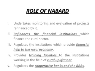 ROLE OF NABARD
i. Undertakes monitoring and evaluation of projects
refinanced by it.
ii. Refinances the financial institutions which
finance the rural sector.
iii. Regulates the institutions which provide financial
help to the rural economy.
iv. Provides training facilities to the institutions
working in the field of rural upliftment.
v. Regulates the cooperative banks and the RRBs.
 