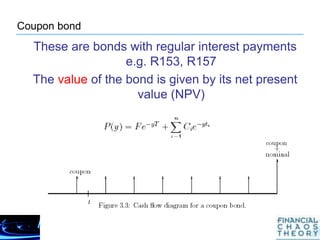 Coupon bond
These are bonds with regular interest payments
e.g. R153, R157
The value of the bond is given by its net present
value (NPV)
 