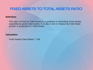 FIXED ASSETS TO TOTAL ASSETS RATIO   ,[object Object],[object Object],[object Object],[object Object]