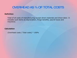 OVERHEAD AS % OF TOTAL COSTS   ,[object Object],[object Object],[object Object],[object Object]