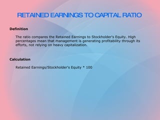 RETAINED EARNINGS TO CAPITAL RATIO   ,[object Object],[object Object],[object Object],[object Object]