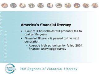 America’s financial literacy
• 2 out of 3 households will probably fail to
realize life goals
• Financial illiteracy is pa...