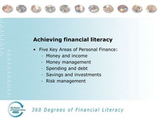 Achieving financial literacy
• Five Key Areas of Personal Finance:
- Money and income
- Money management
- Spending and de...