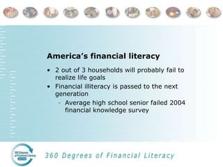 America’s financial literacy
• 2 out of 3 households will probably fail to
realize life goals
• Financial illiteracy is passed to the next
generation
- Average high school senior failed 2004
financial knowledge survey
 