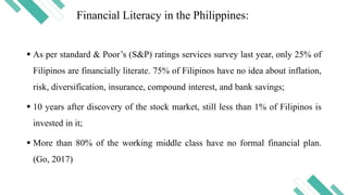 Financial Literacy in the Philippines:
 As per standard & Poor’s (S&P) ratings services survey last year, only 25% of
Filipinos are financially literate. 75% of Filipinos have no idea about inflation,
risk, diversification, insurance, compound interest, and bank savings;
 10 years after discovery of the stock market, still less than 1% of Filipinos is
invested in it;
 More than 80% of the working middle class have no formal financial plan.
(Go, 2017)
 