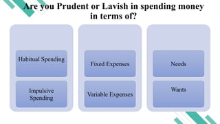 Are you Prudent or Lavish in spending money
in terms of?
Habitual Spending
Impulsive
Spending
Fixed Expenses
Variable Expenses
Needs
Wants
 