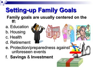 Family goals are usually centered on the ff: a. Education b. Housing c. Health d. Retirement e. Protection/preparedness against unforeseen events f.  Savings  &  Investment Setting-up Family Goals 